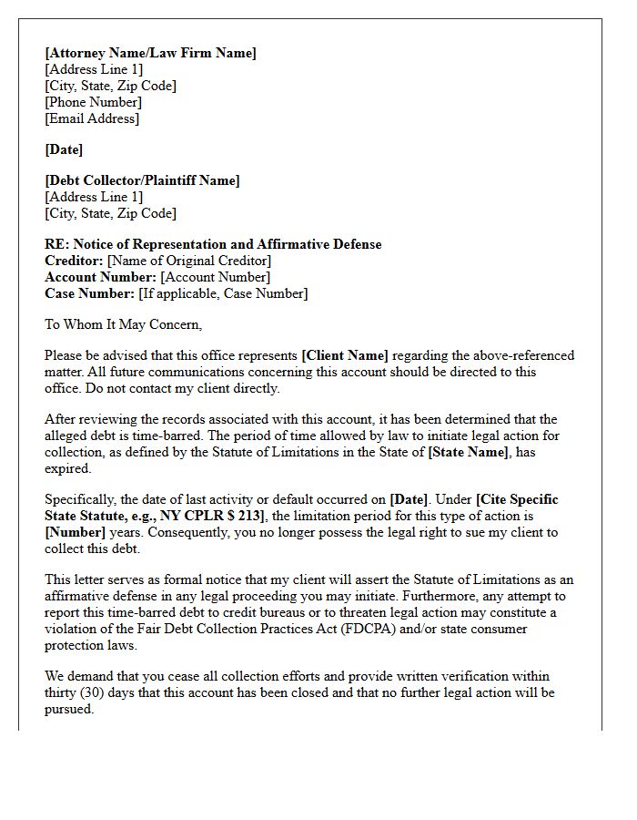 Statute of Limitations Defense Letter of Representation