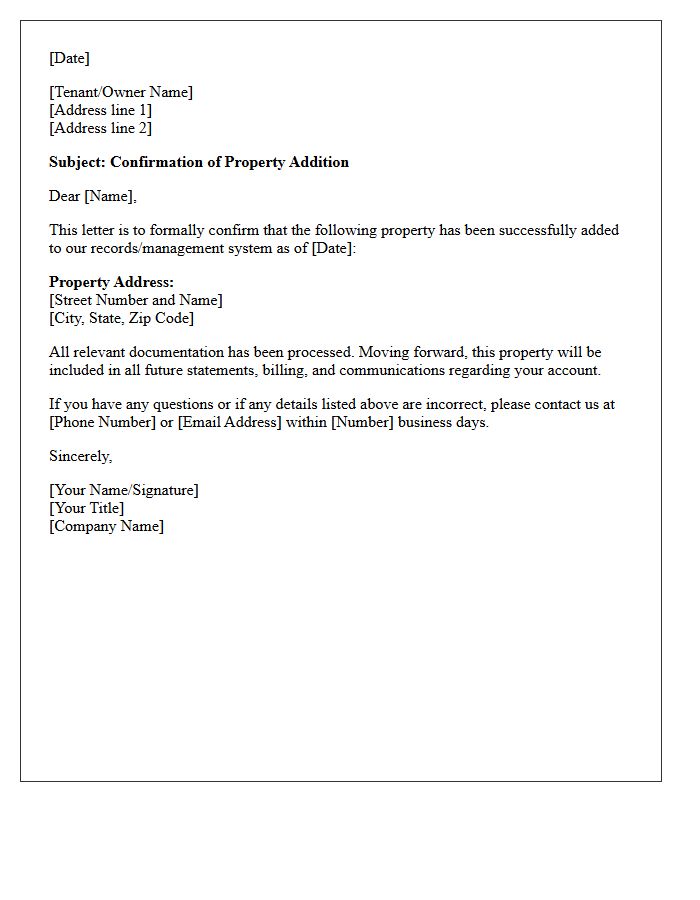 Confirmation of Property Addition Letter