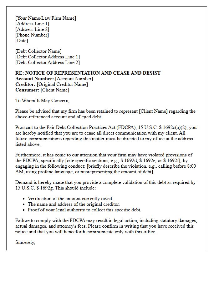 Fair Debt Collection Practices Act Violation Letter of Representation