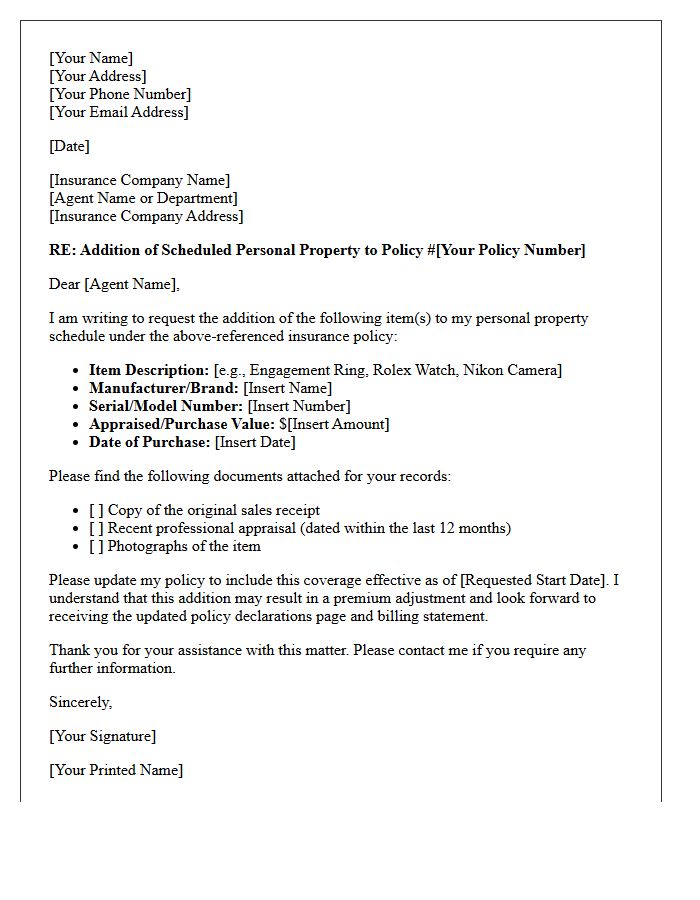 Scheduled Personal Property Addition Letter