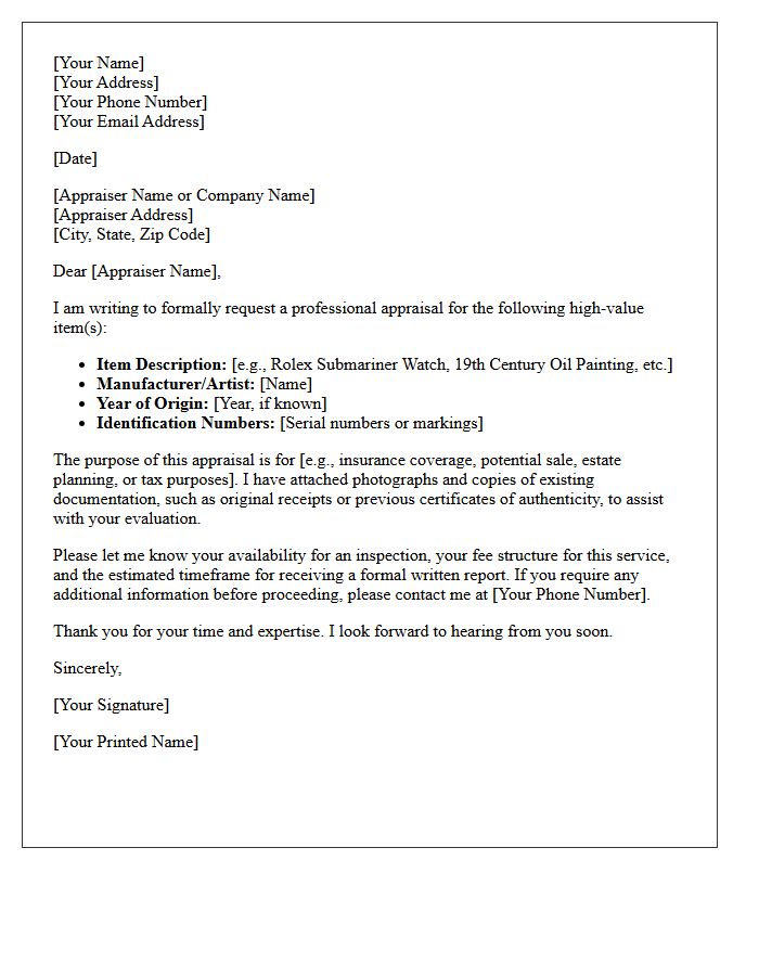 High-Value Item Appraisal Request Letter