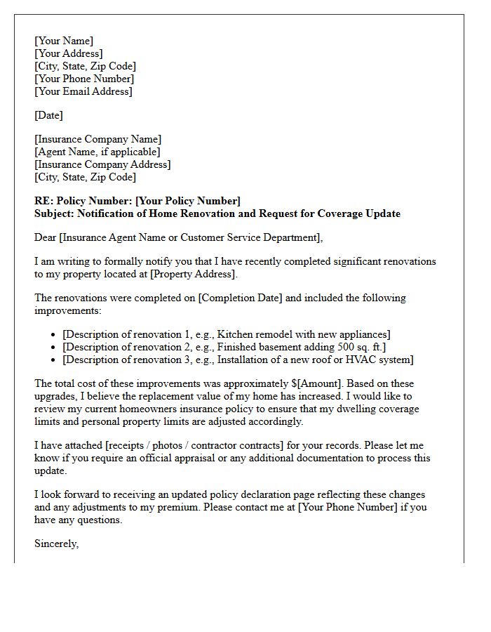 Home Renovation Coverage Update Letter
