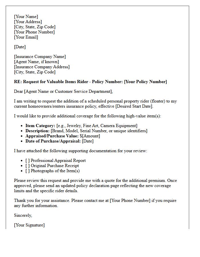 Valuable Items Insurance Rider Letter