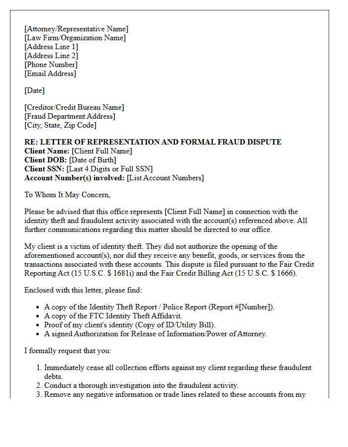Identity Theft Fraud Dispute Letter of Representation