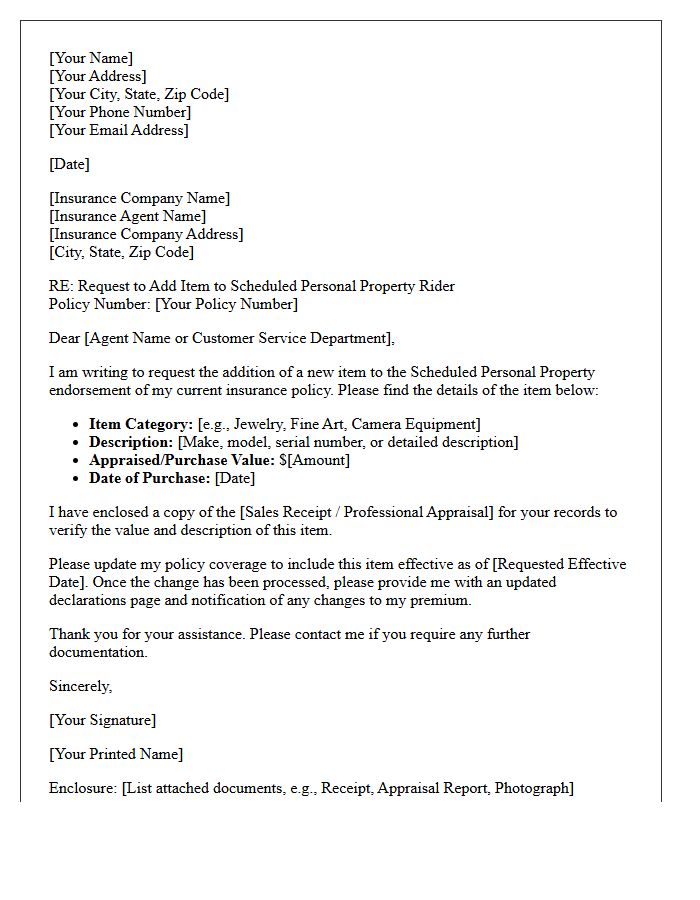 Scheduled Personal Property Item Addition Letter