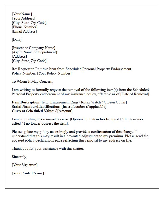 Scheduled Personal Property Item Removal Letter