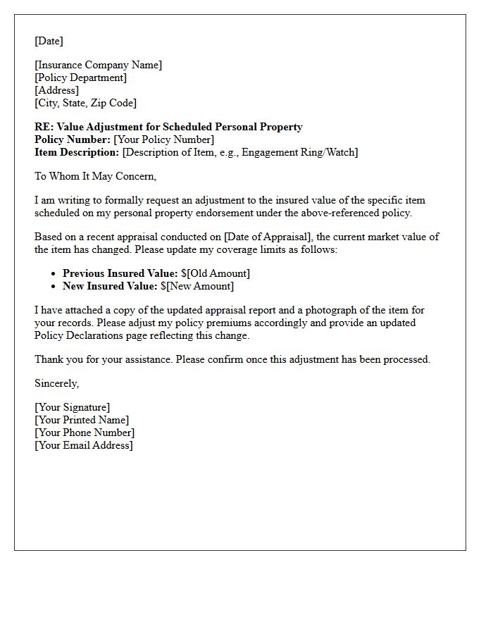 Scheduled Personal Property Value Adjustment Letter