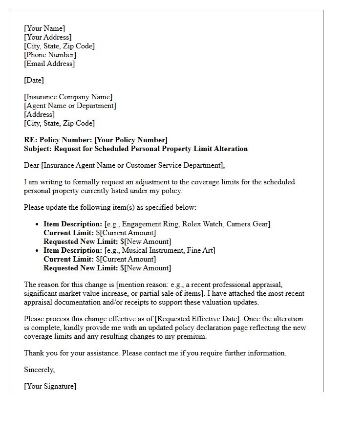 Scheduled Personal Property Coverage Limit Alteration Letter