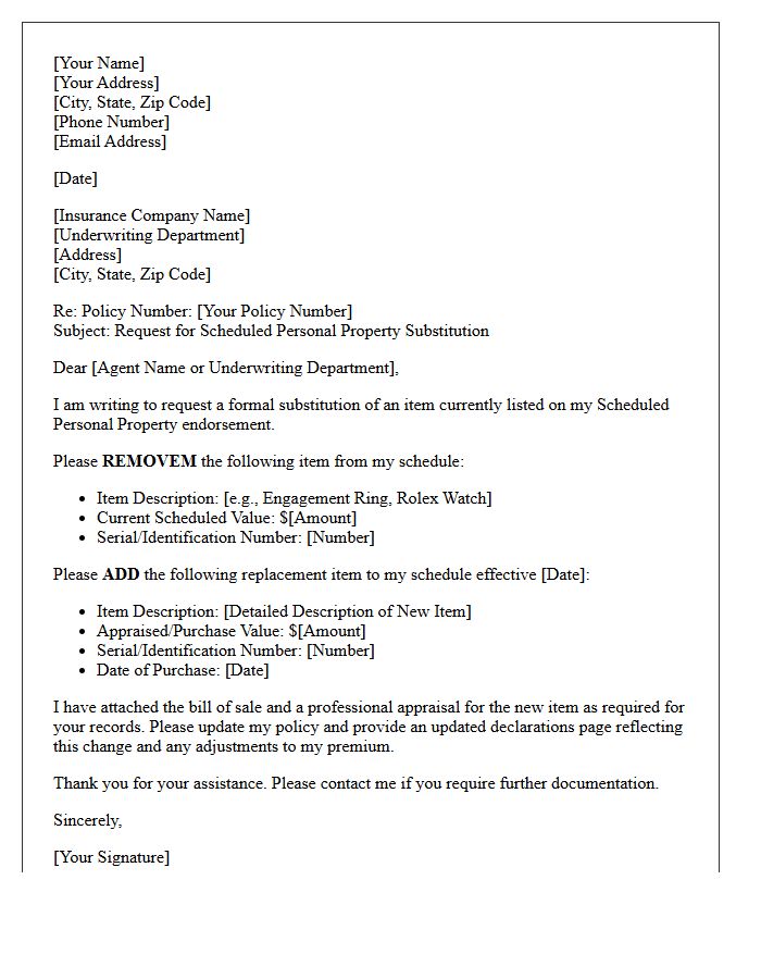Scheduled Personal Property Item Substitution Letter