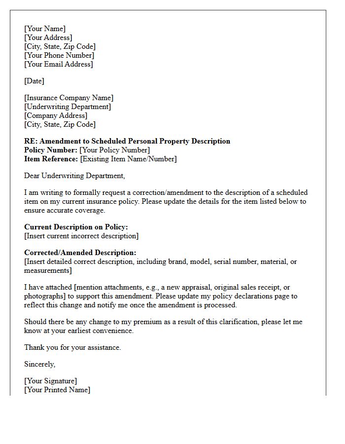 Scheduled Personal Property Description Amendment Letter