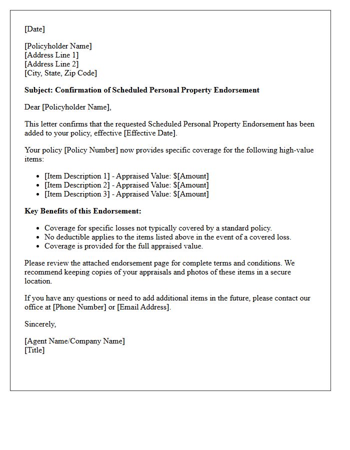 Scheduled Personal Property Endorsement Confirmation Letter