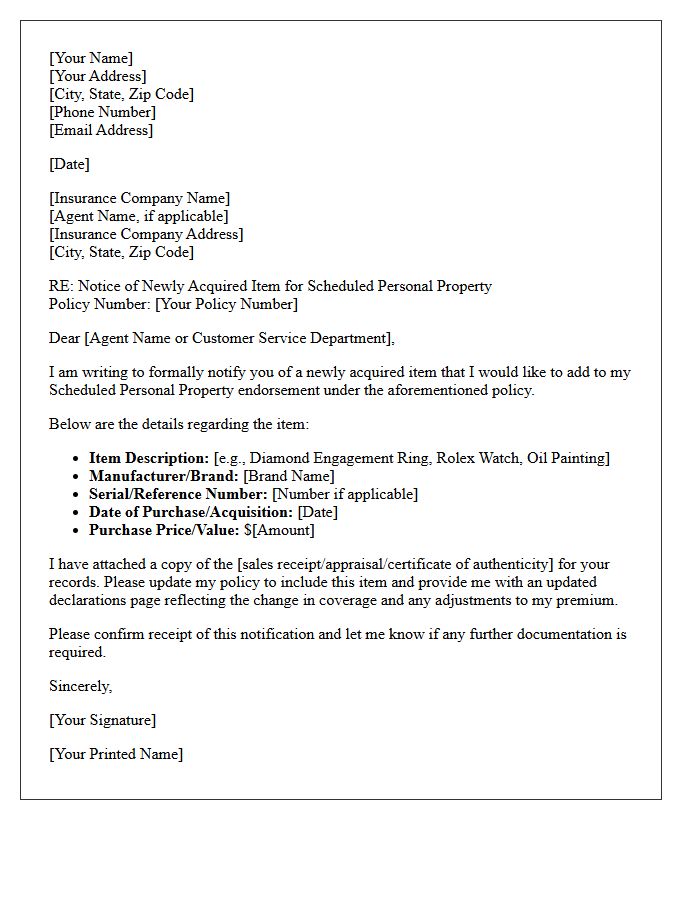 Scheduled Personal Property Newly Acquired Item Letter