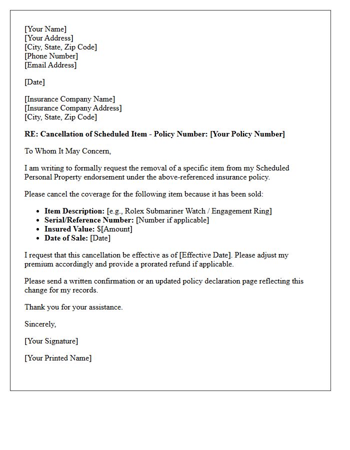 Scheduled Personal Property Sold Item Cancellation Letter