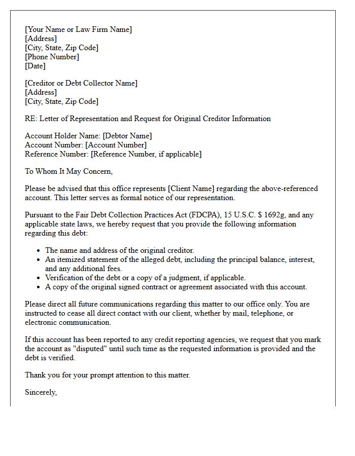 Original Creditor Information Request Letter of Representation