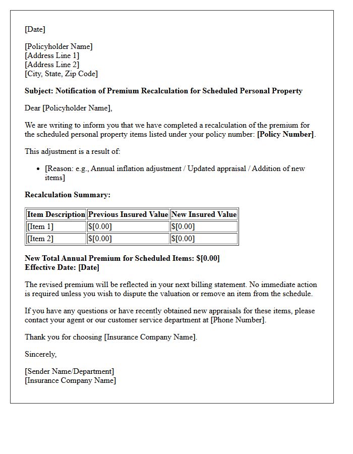 Scheduled Personal Property Premium Recalculation Letter