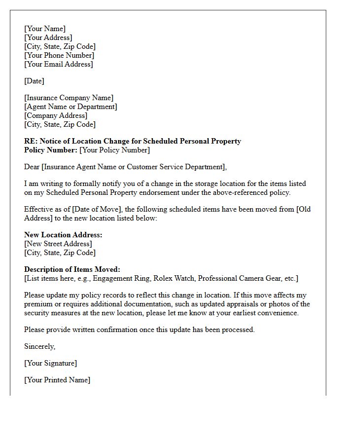 Scheduled Personal Property Location Change Letter