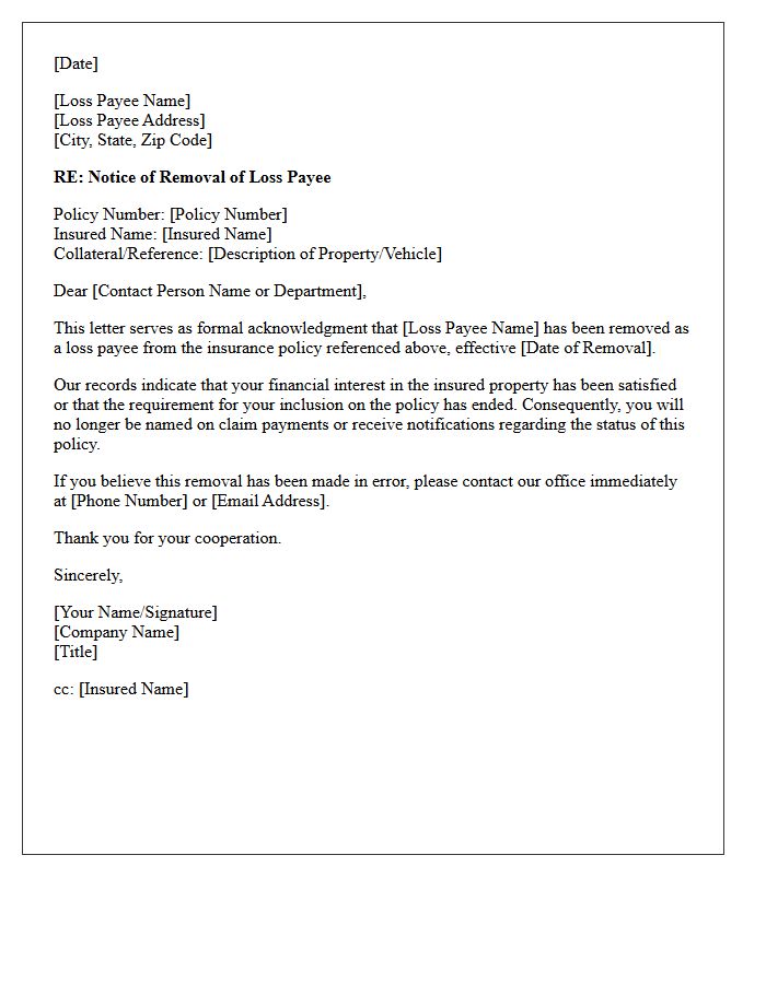 Loss Payee Removal Acknowledgment Letter
