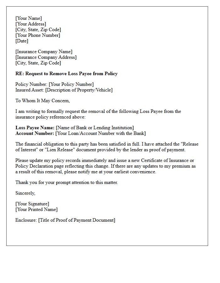 Insurance Policy Loss Payee Removal Letter