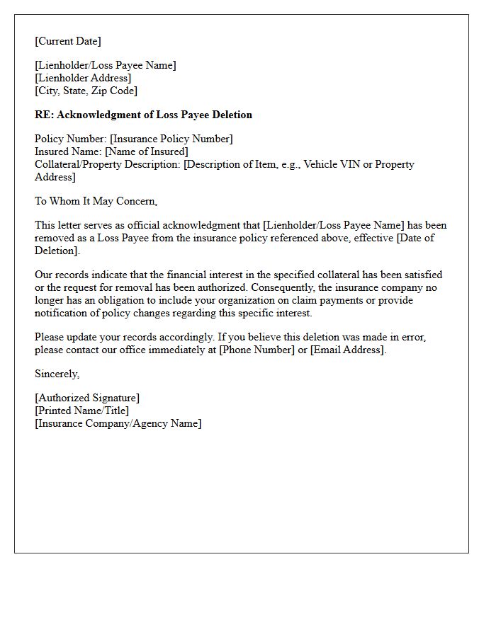 Letter of Acknowledgment for Loss Payee Deletion