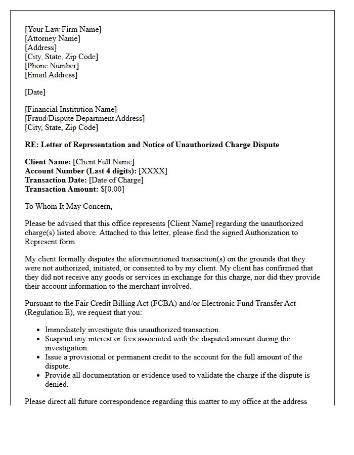 Unauthorized Charge Dispute Letter of Representation