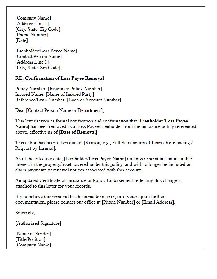 Official Loss Payee Removal Confirmation Letter