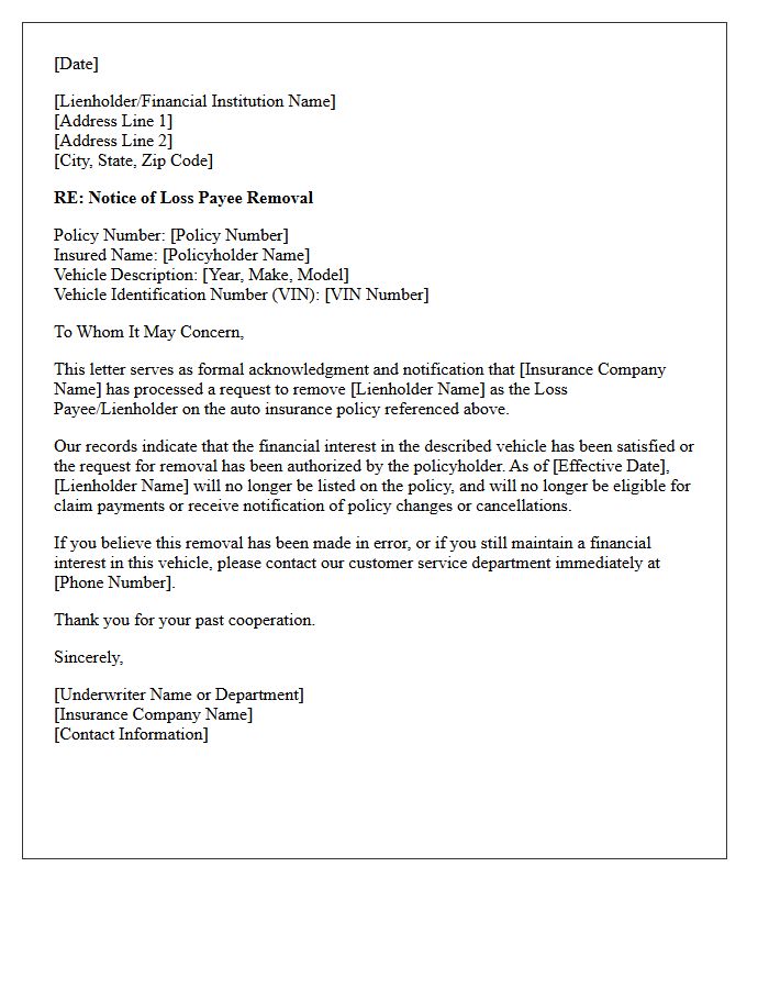 Auto Insurance Loss Payee Removal Acknowledgment Letter