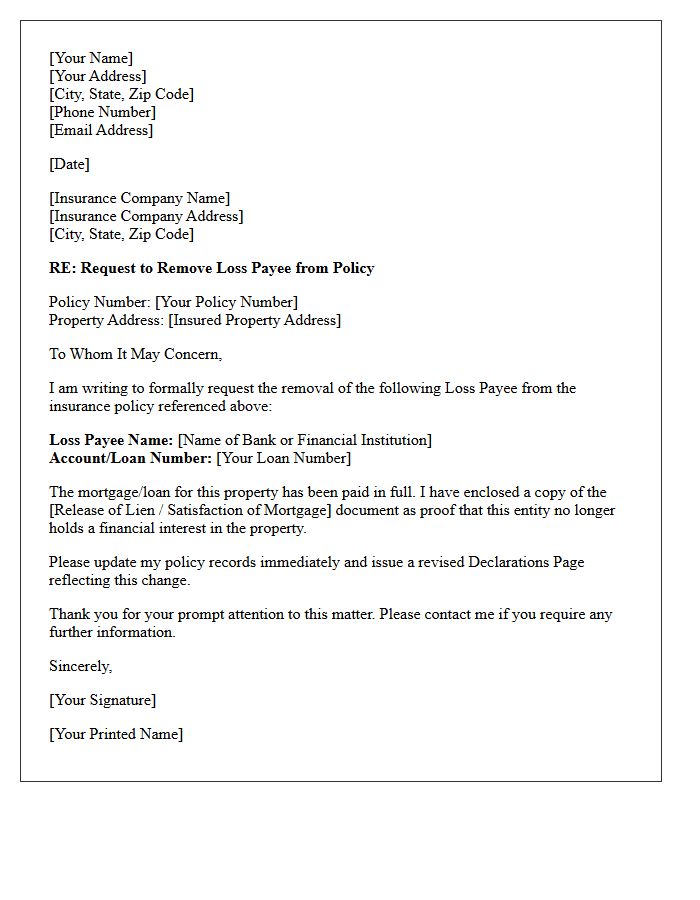 Property Insurance Loss Payee Removal Letter