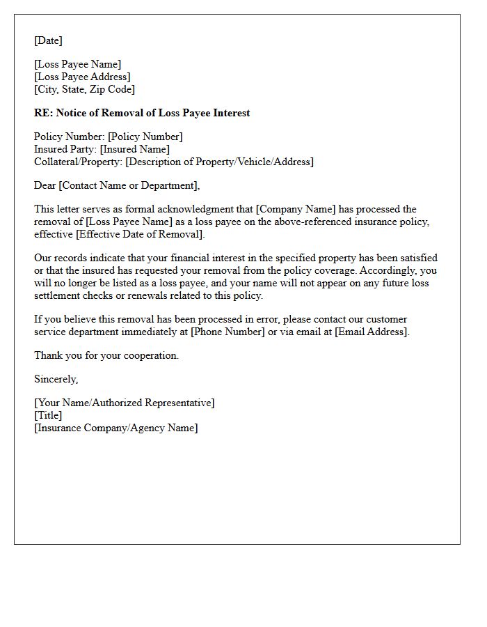 Letter Acknowledging Removal of Loss Payee Interest