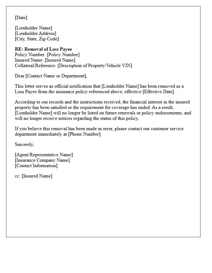 Standard Acknowledgment Letter for Loss Payee Removal