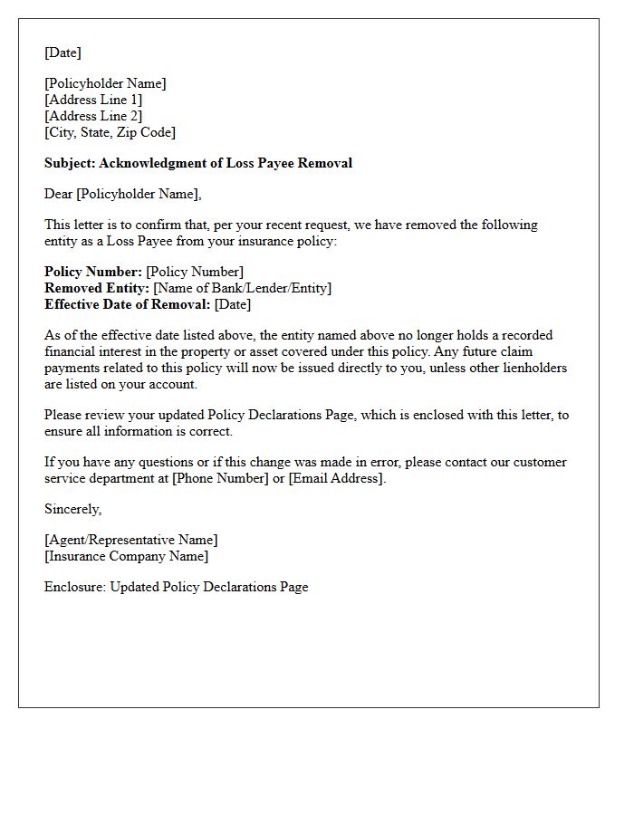 Policyholder Loss Payee Removal Acknowledgment Letter