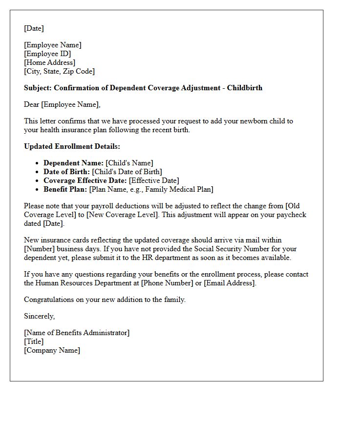 Childbirth Dependent Addition Coverage Adjustment Letter