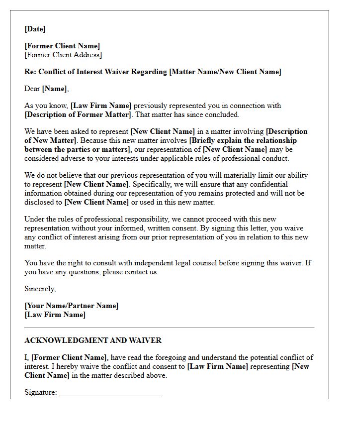 Former Client Conflict of Interest Waiver Engagement Letter