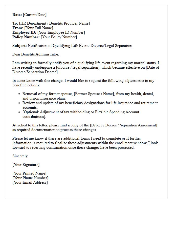 Divorce Separation Life Event Coverage Adjustment Letter