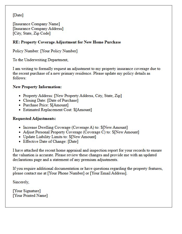 Home Purchase Property Coverage Adjustment Letter