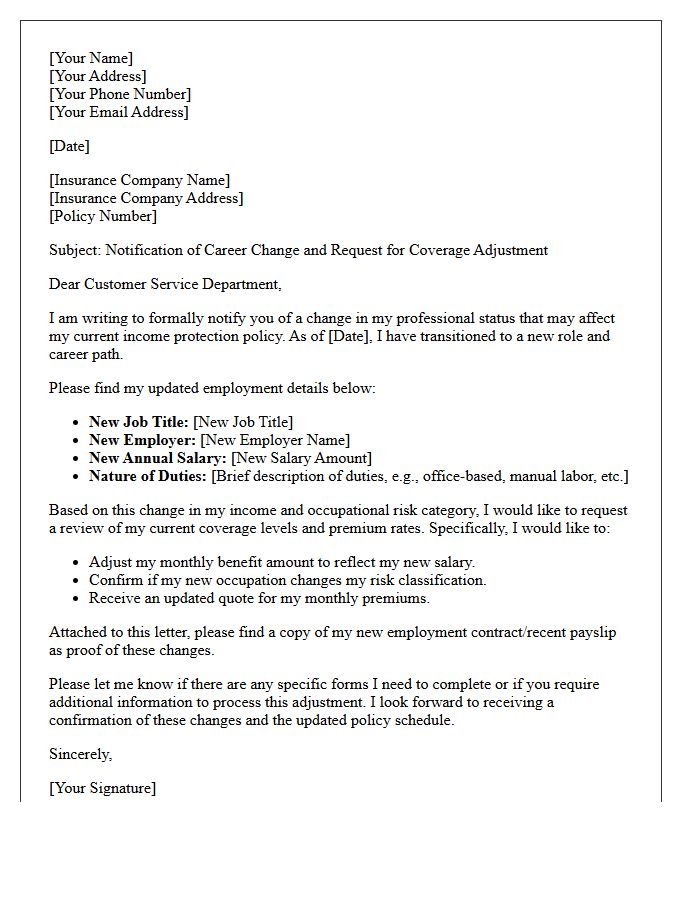Career Change Income Protection Coverage Adjustment Letter