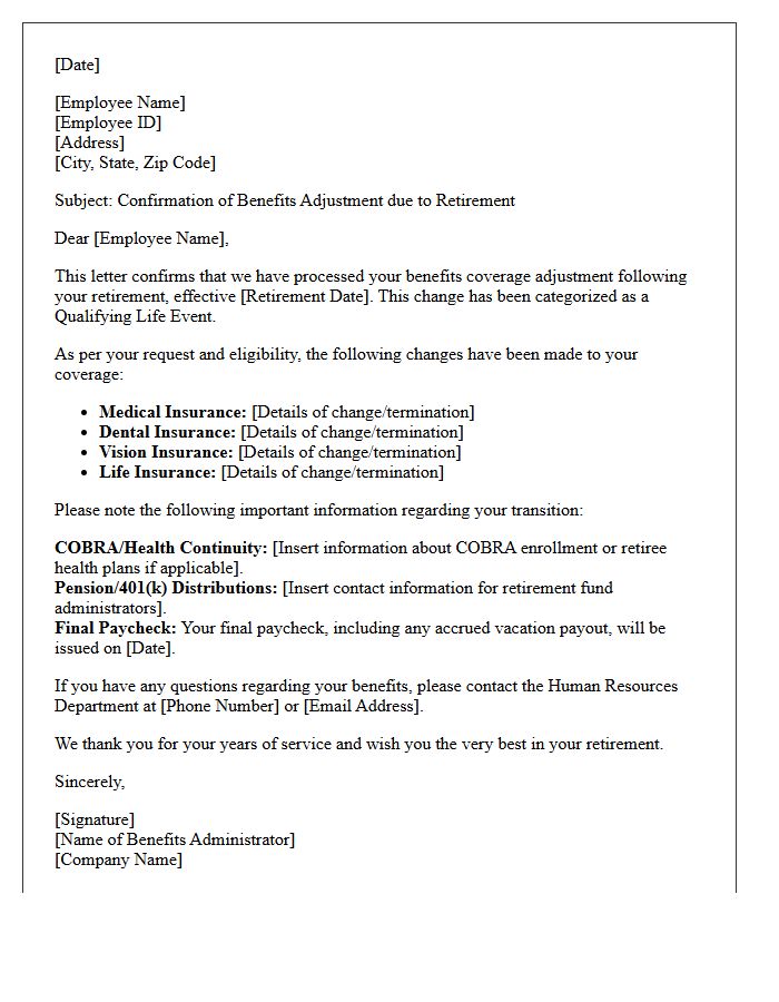 Retirement Life Event Coverage Adjustment Letter