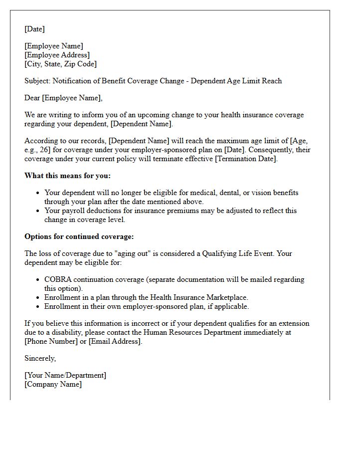 Dependent Age Out Life Event Coverage Adjustment Letter