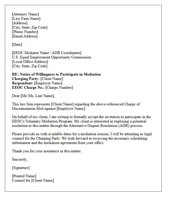 Letter Accepting EEOC Voluntary Mediation Program on Behalf of Client