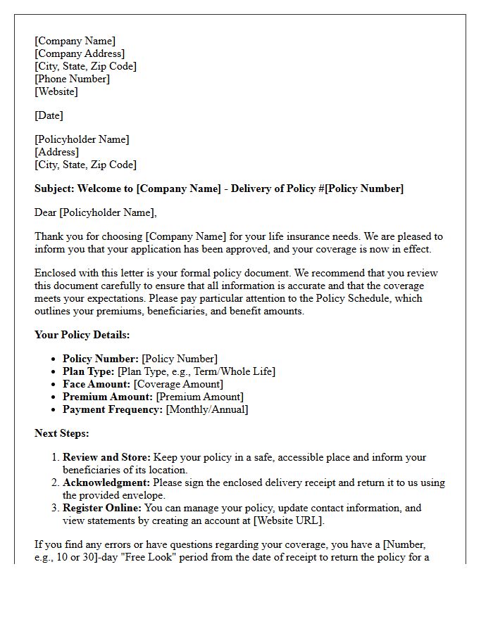 Comprehensive Life Insurance Welcome and Policy Delivery Letter