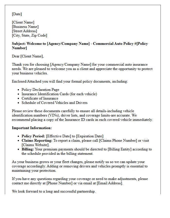 Commercial Auto Insurance Client Welcome and Policy Delivery Letter