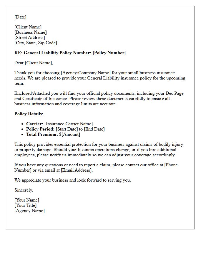 Small Business General Liability Welcome and Policy Delivery Letter