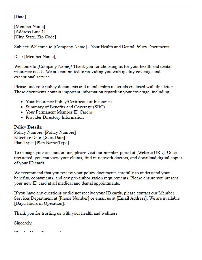 Health and Dental Insurance Welcome and Policy Delivery Letter