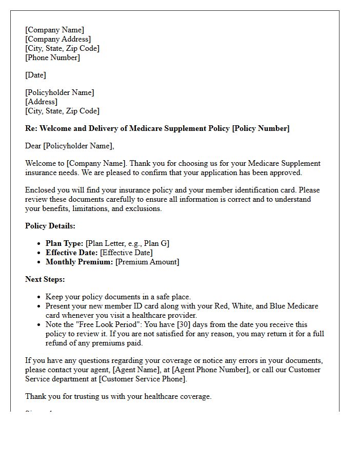 Medicare Supplement Welcome and Policy Delivery Letter