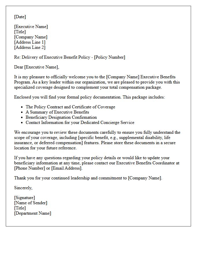 Executive Corporate Benefits Welcome and Policy Delivery Letter
