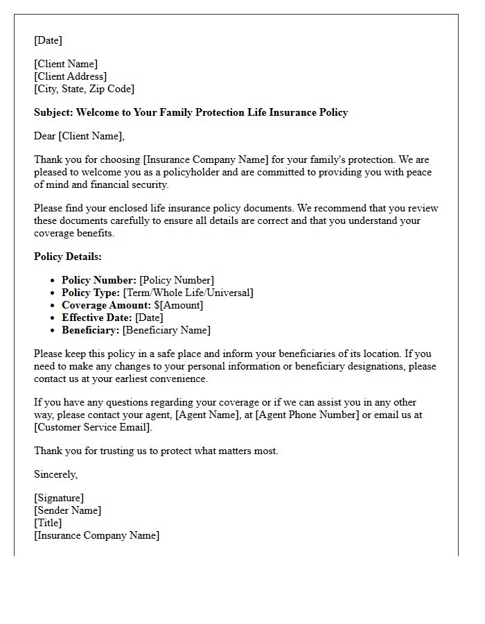 Family Protection Life Insurance Welcome and Policy Delivery Letter