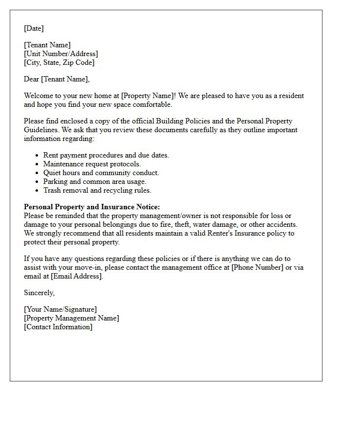 Renter and Personal Property Welcome and Policy Delivery Letter