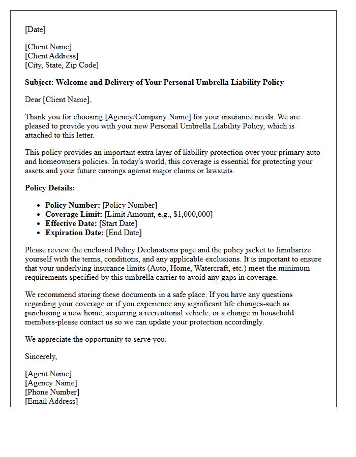 Personal Umbrella Insurance Welcome and Policy Delivery Letter