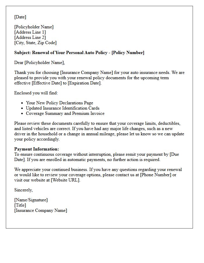 Personal Auto Annual Renewal Policy Delivery Letter