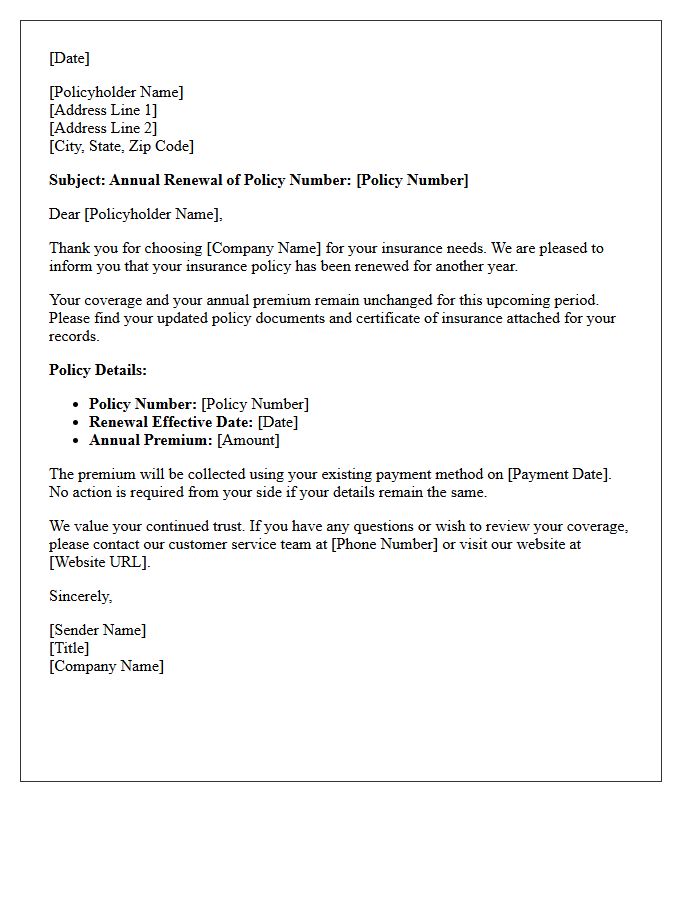 Unchanged Premium Annual Renewal Policy Delivery Letter