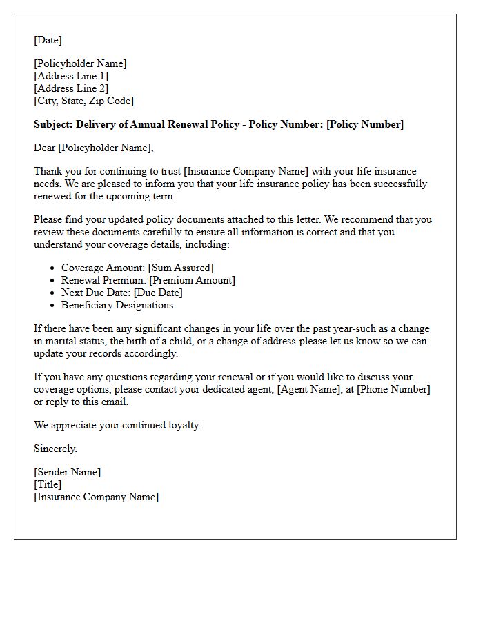 Life Insurance Annual Renewal Policy Delivery Letter